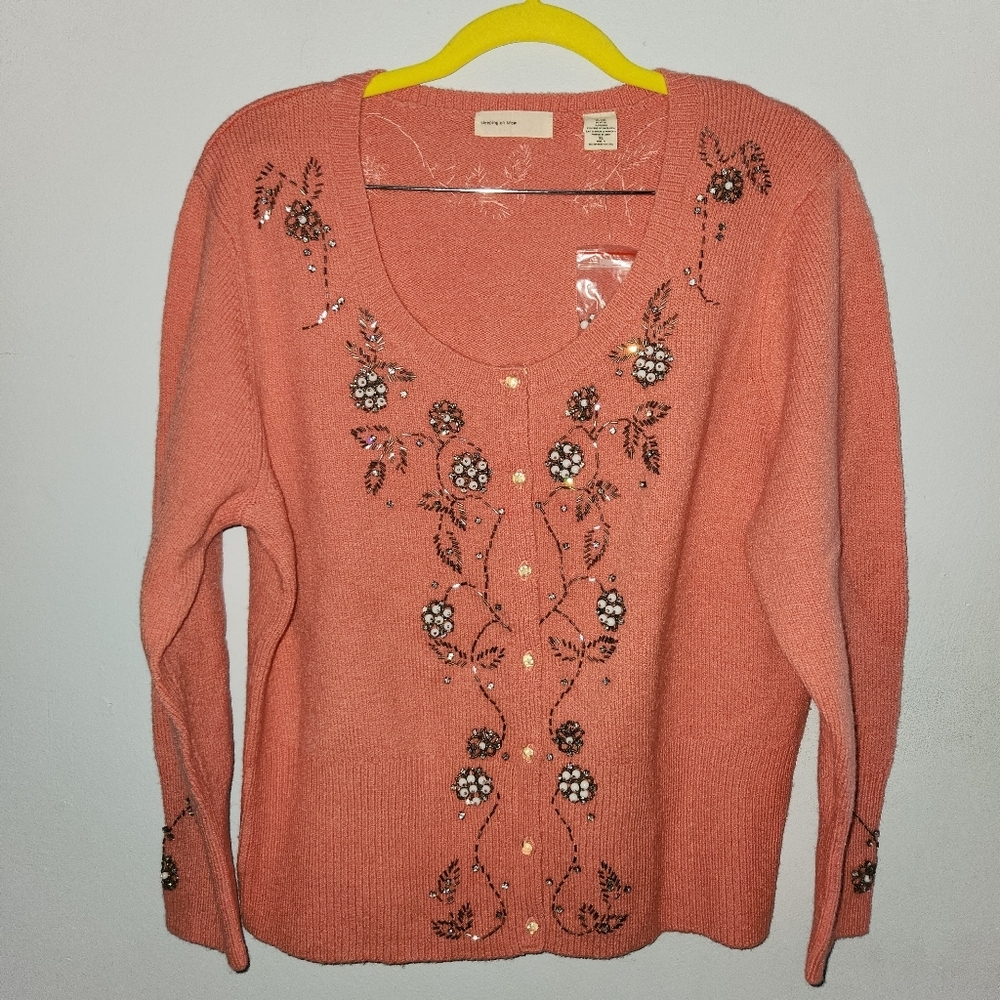 Anthropologie Sleeping On Snow Floral Beaded Wool Blend Cardigan XL
